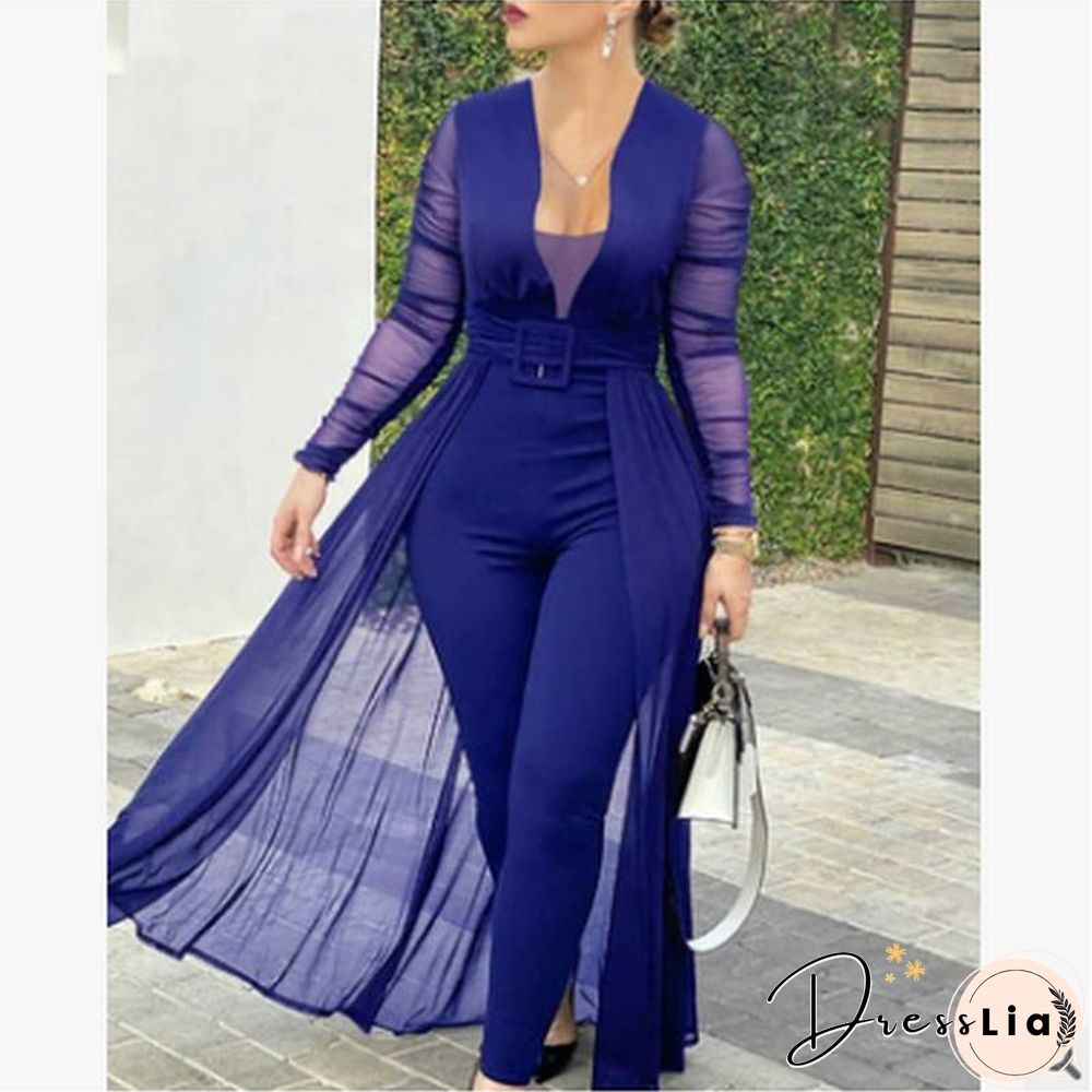 Jumpsuit Women Long Sleeve Elegant Women Jumpsuit Deep V Neck Off Shoulder Mesh Jumpsuit Long Sleeve Lace Slim Stitching Suit