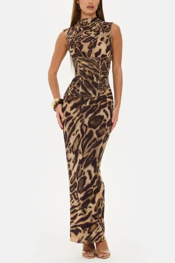 Leopard Print High-Neck Sleeveless Maxi Dress