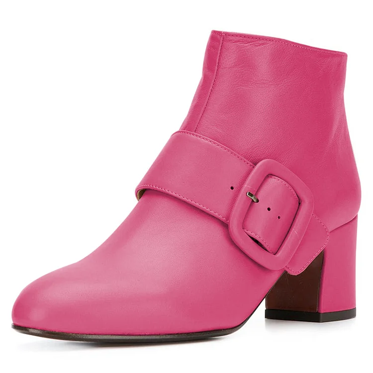 Pink Buckle Block Heel Ankle Boots |FSJ Shoes