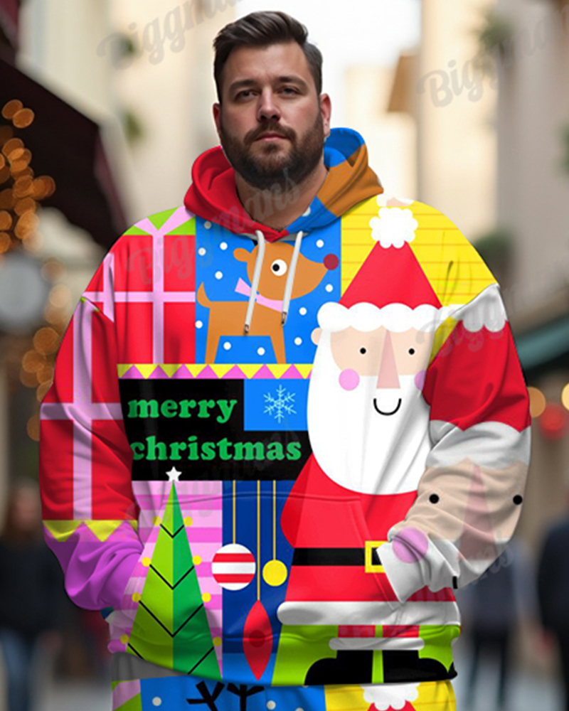 Men's Christmas Colorful Elk Colorblock Print Big and Tall Hoodie Set