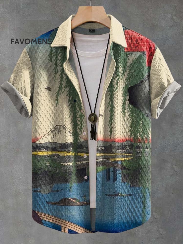 Japanese Ukiyoe Landscape Painting Decorative Pattern Casual Jacquard Shirt Multicolor / S