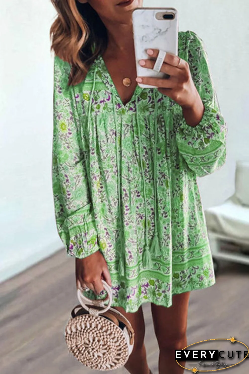 Casual Print Split Joint V Neck Cake Skirt Dresses(4 Colors)