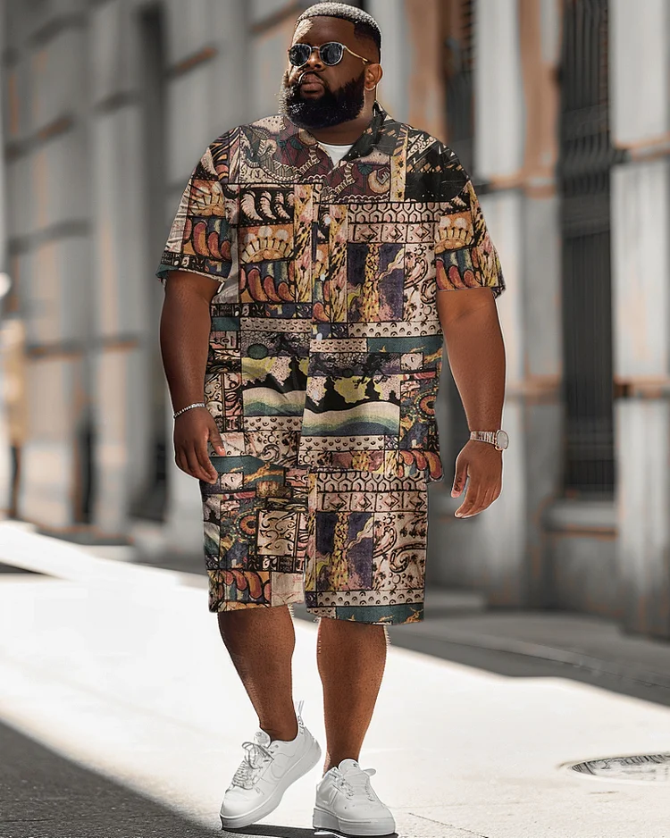 Men's Plus Size Abstract Art Pattern Short Sleeve Shirt Shorts Suit