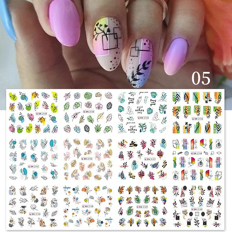12 Designs Nail Stickers Set Mixed Floral Geometric Nail Art Water Transfer Decals Sliders Flower Leaves Manicures Decoration-Nail Inspo