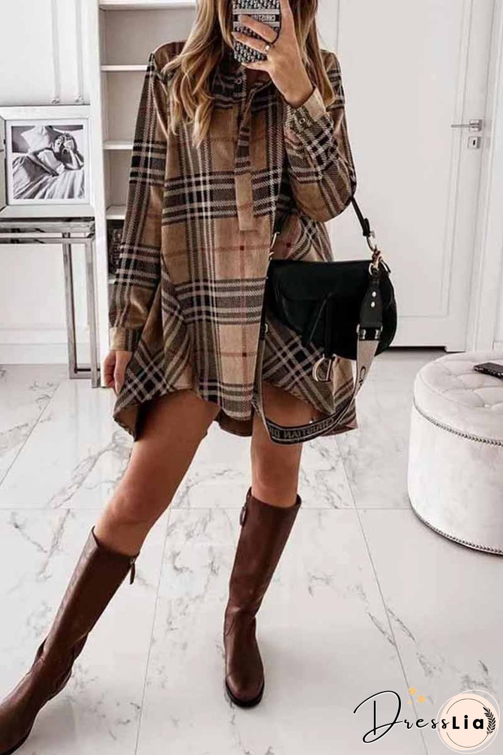 Loose Plaid Long Sleeve Shirt Mini Dress