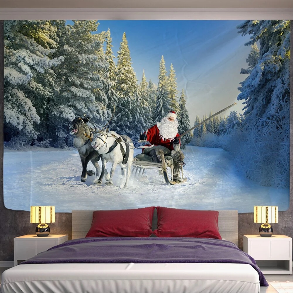 Xmas Art Wall Hanging Tapestry Santa Claus And Snow Christmas Deer Backdrop Home Room Decoration Gift