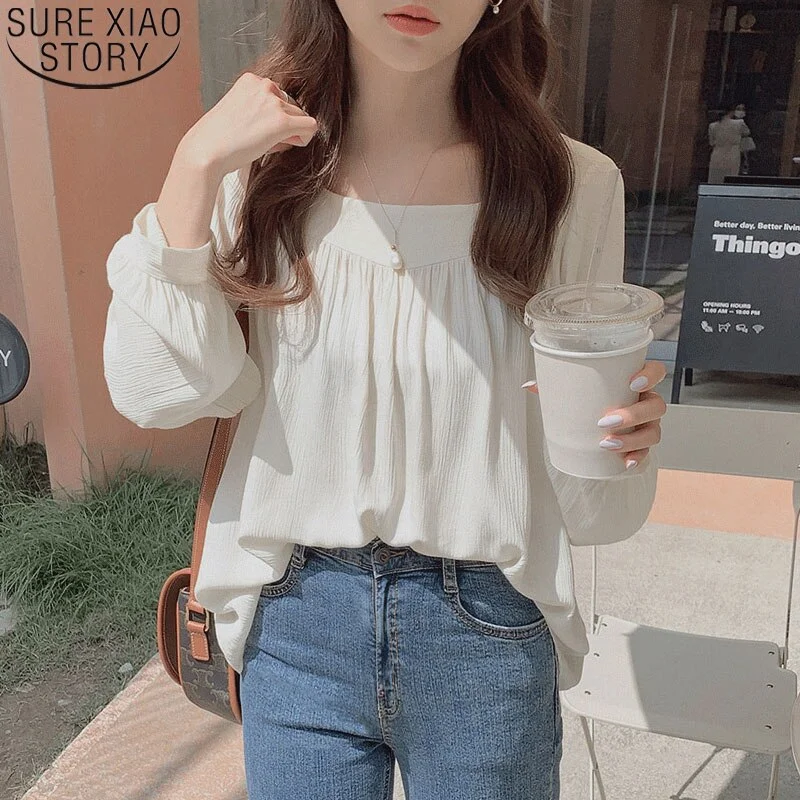 Apricot Puff Sleeve Pullover Top Autumn New Long Sleeve Loose Shirt Women Square Collar Cotton Blouse Women 11696