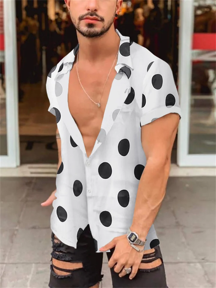 Men's Beach Polka Dot Slim Printed Short Sleeve Shirt Summer White Black Yellow