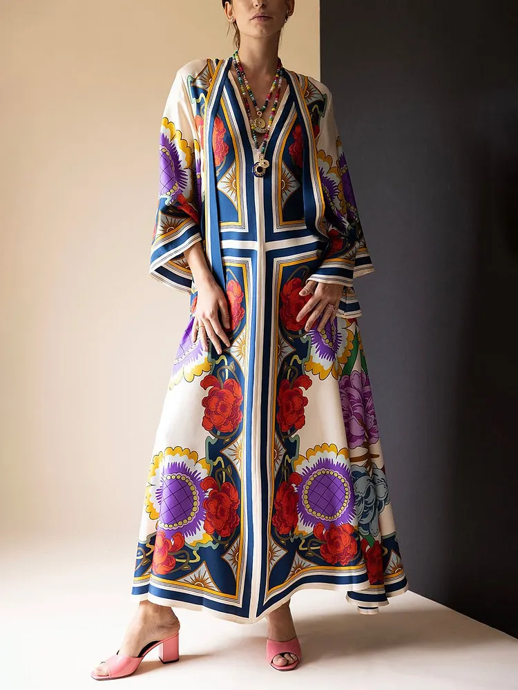 Unique Ethnic Floral Print Flowing Maxi Dress