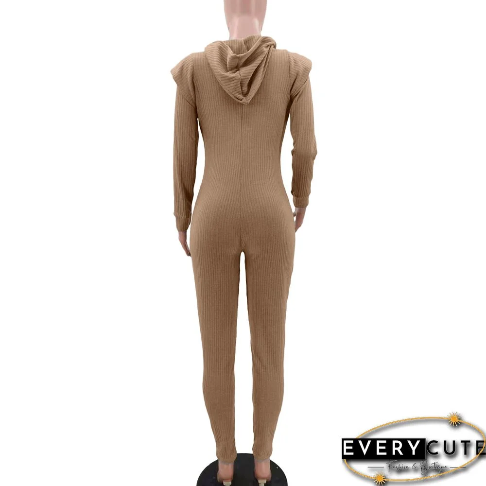 Knitted Long Sleeve Shoulder Padded Hooded Jumpsuit
