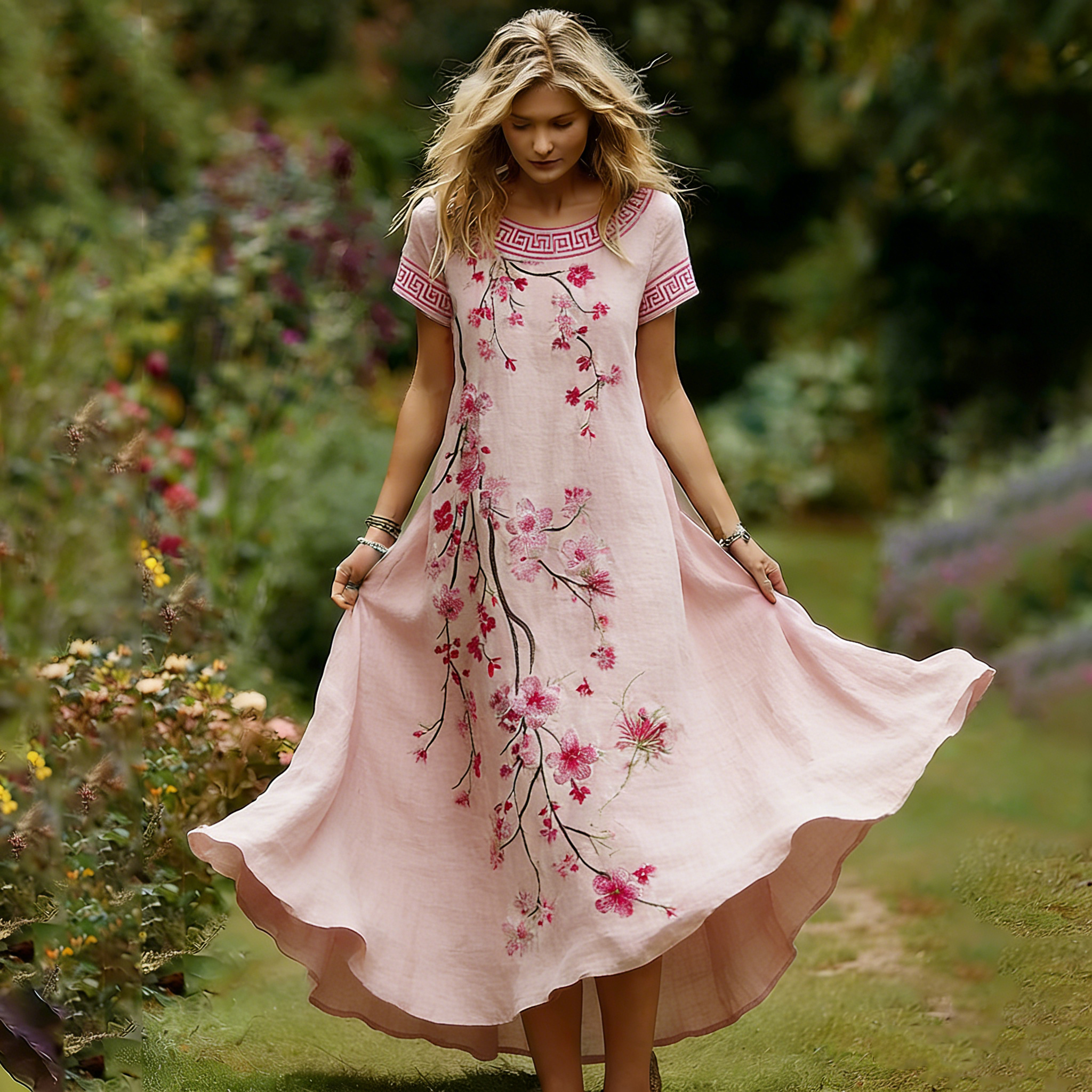 Women's Vintage Cherry Blossom Floral Casual Round-neck Dress elevenforest