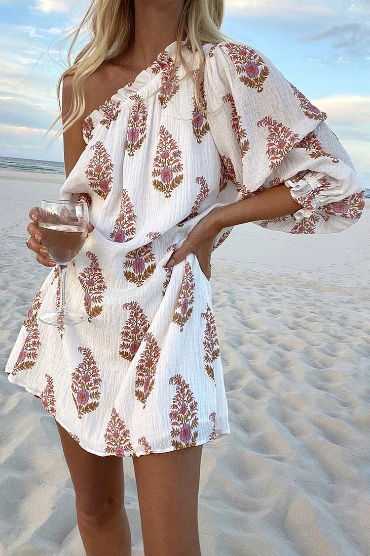 One Shoulder Boat Neck Half Lantern Sleeve Floral Print Vacation Mini Dresses