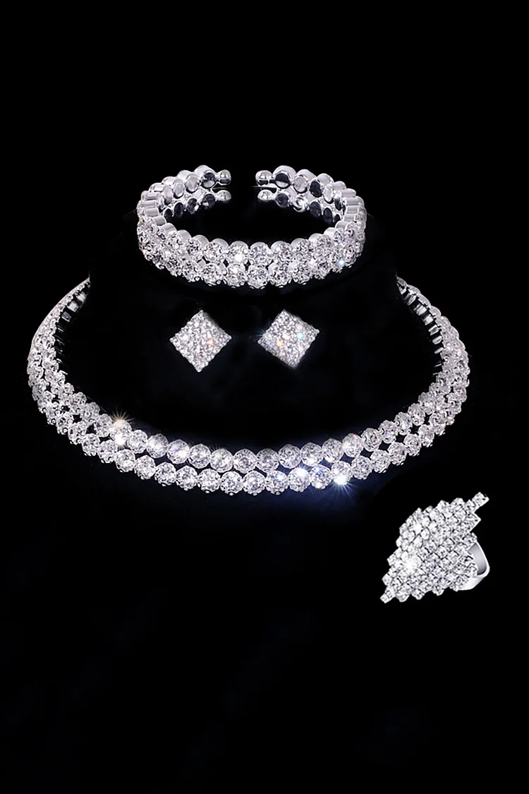Two-Layered Rhinestone Necklace Ring Bracelet Stud Earrings Four-Piece Set-Silver