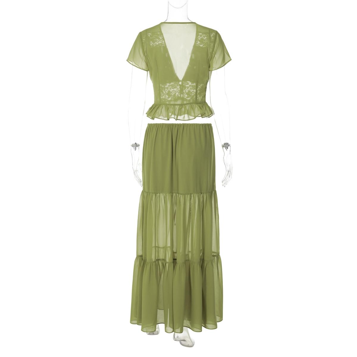 Women Summer Short Sleeve V Neck Tops Long Skirt Beach Vacation Chiffon Two Piece Set Outfit Women Summer Short Sleeve V Neck Tops Long Skirt Beach Vacation Chiffon Two Piece Set Outfit