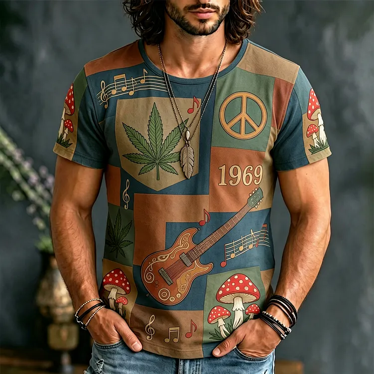 Men's Hippie Mushroom Cannabis Leaves Boho Music Guitar Patchwork Print T-shirt