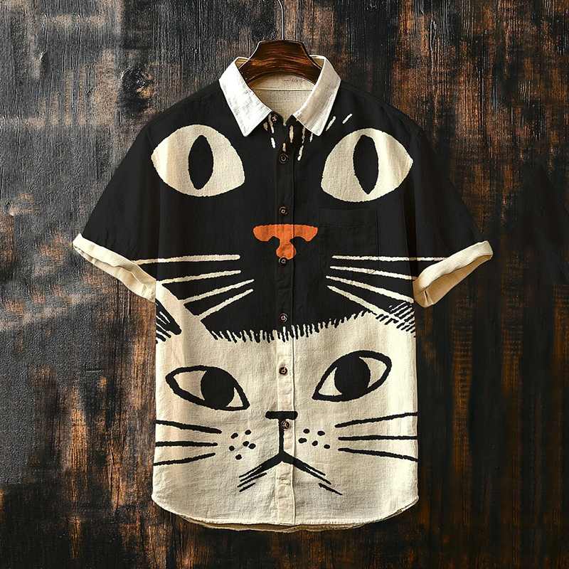 Men's Black And White Cats Art Casual Short Sleeve Shirts
