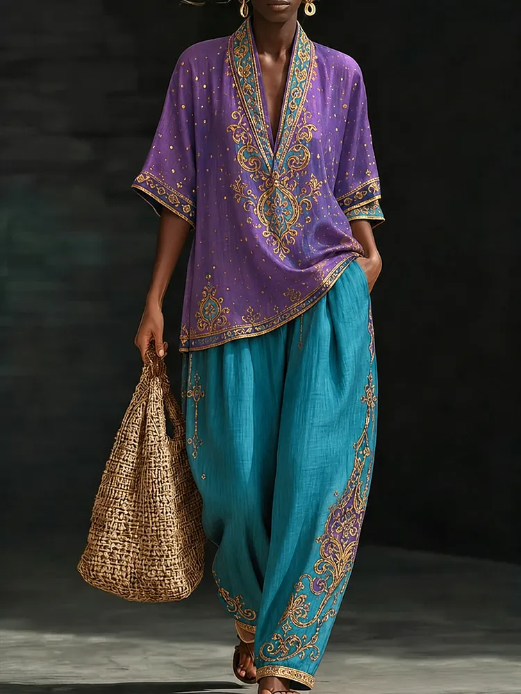 Women&rsquo;s Purple & Teal Boho Kaftan Two-Piece Set
