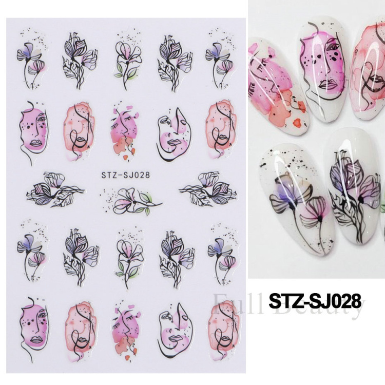 Bayoumowers Pink Marble 3D Nail Stickers Ink Blooming Geometry Lines Adhesive Sliders Watercolor Flower Leaves Nail Art Decals LASTZ-SJ031