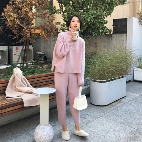 Women Winter Suit Sweater Tracksuit Knitted Turtleneck Clothes 2 Pieces Set Pants Ladies Loose Clothing Suits Female 2019