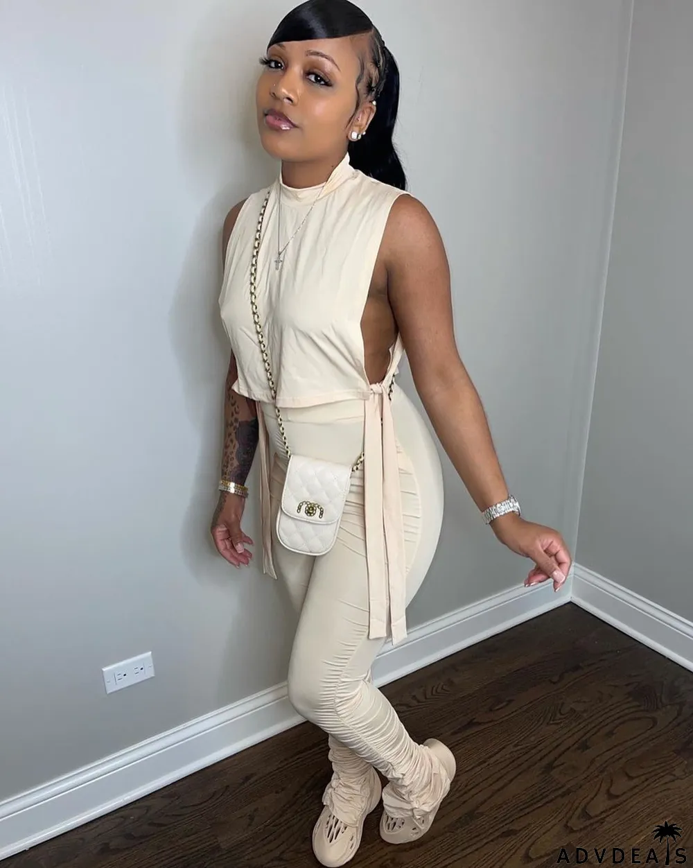 Solid Sleeveless Hollow Top Stacked Pants 2 Piece Sets