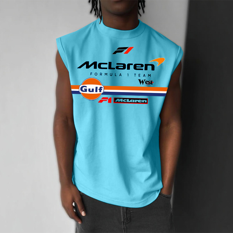 Men's Blue Loose Casual Racing Print Sleeveless Vest / TECHWEAR CLUB / Techwear