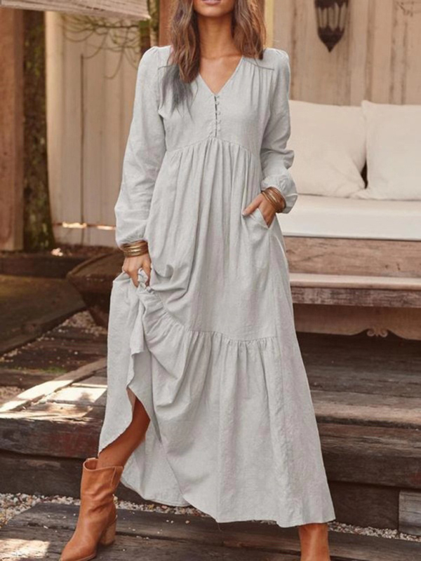 Mature Women Button Cotton Linen Retro Casual Long Sleeve Big Swing Maxi Dress