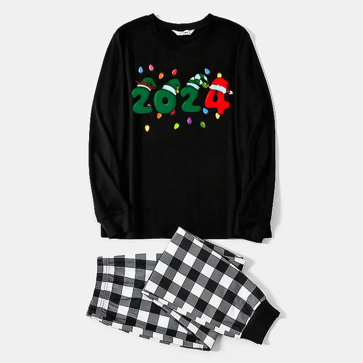 Christmas "2024" Letter Print Black Long Sleeve Top with Black And White Plaid Pants Family Matching Pajamas