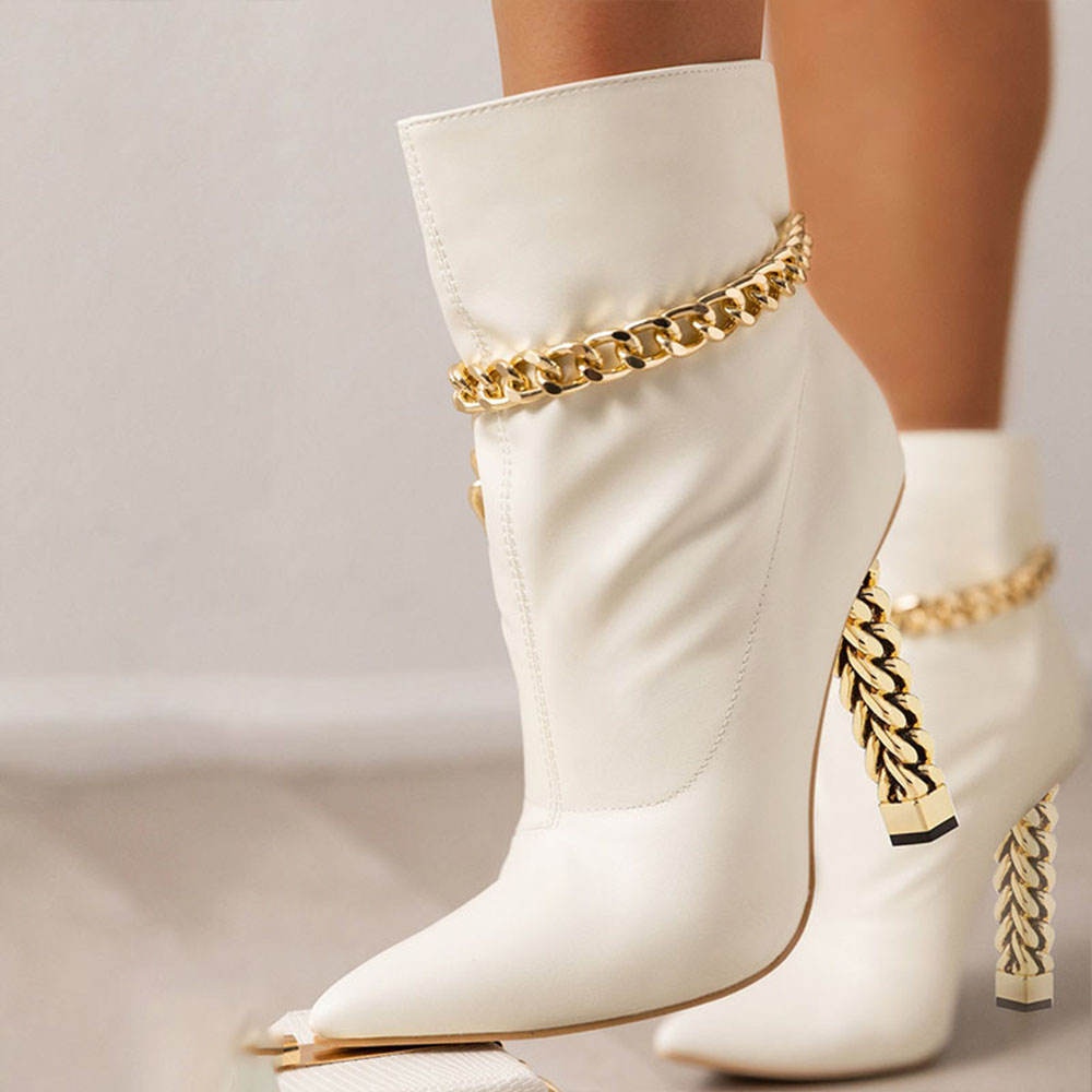Women's Pointed Toe Gold Decorative Heel Chain Ankle Boots in White Nicepairs
