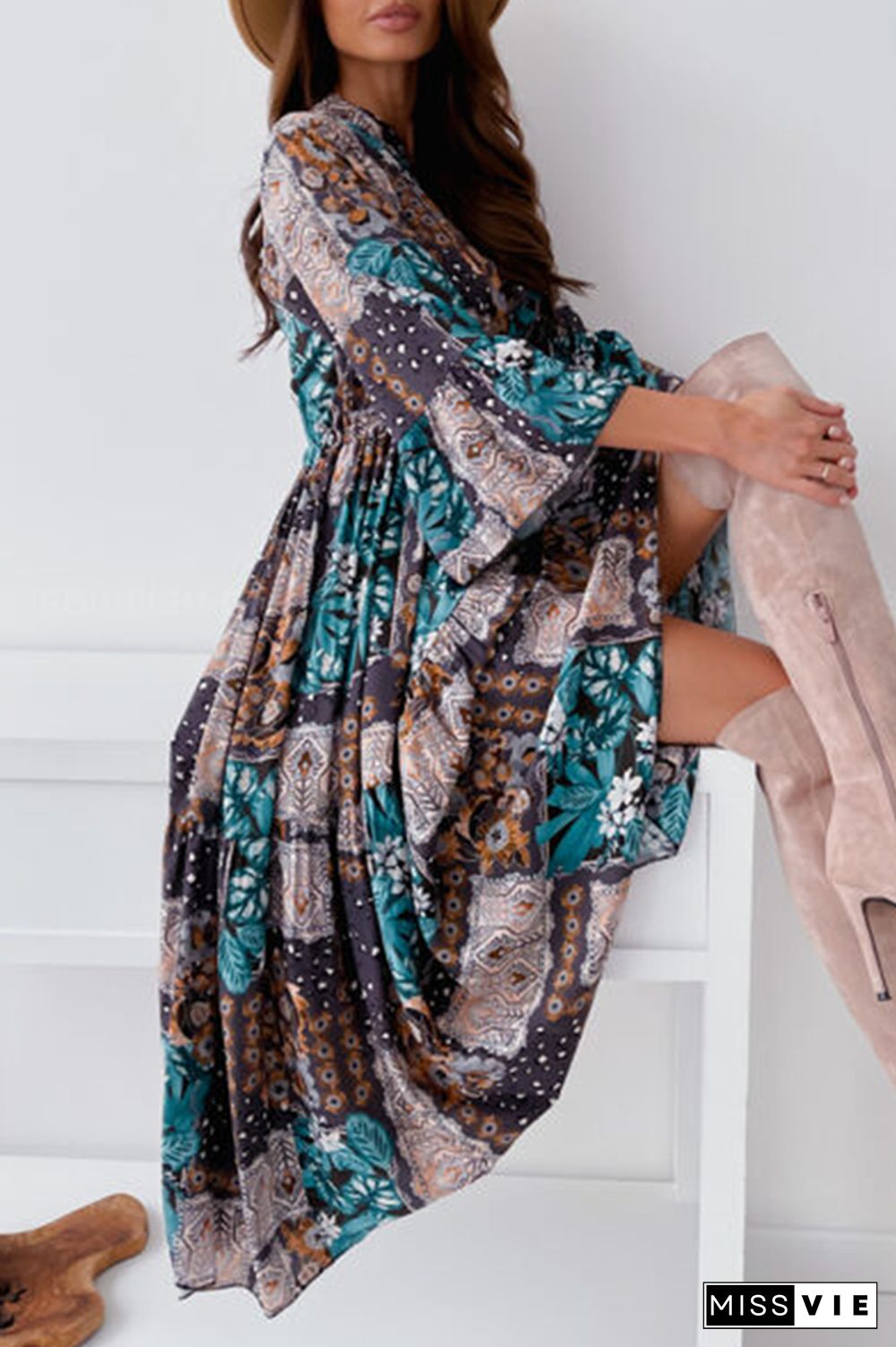 Elegant Print Buckle Flounce Mandarin Collar Dresses