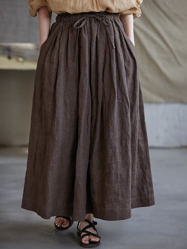 Linen Literary Casual Retro Loose Smoke Chestnut Brown Elastic Waist A-Line Skirt