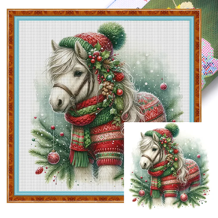 【Huacan Brand】Christmas Pony 18CT Stamped Cross Stitch 30*30CM