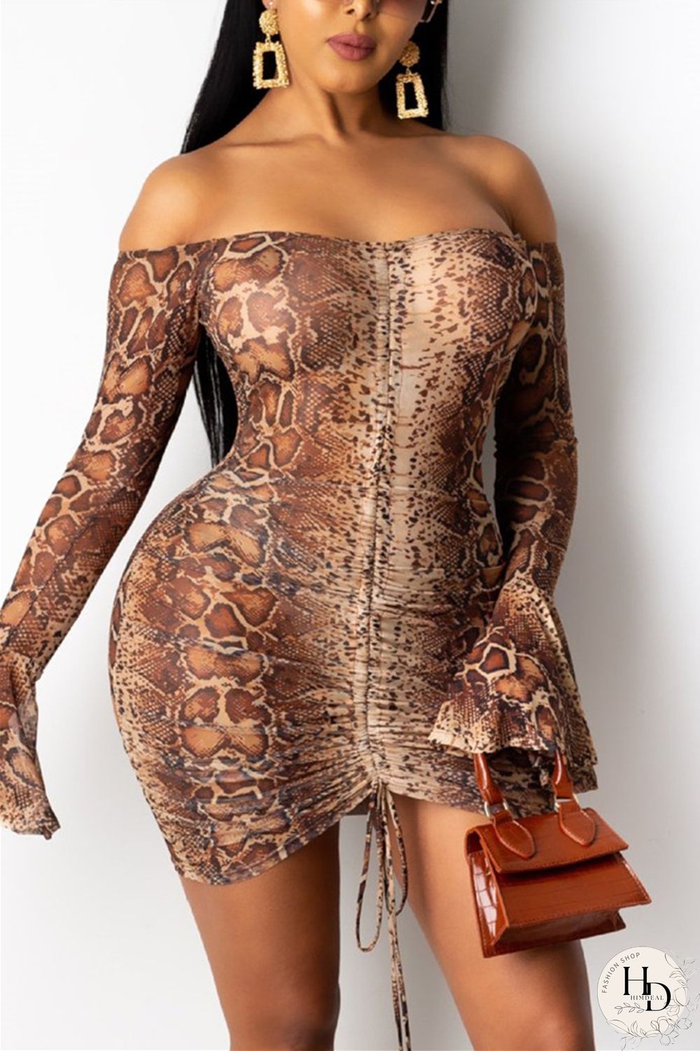 Rose Red Fashion Sexy Print Draw String Backless Bateau Neck Printed Dress