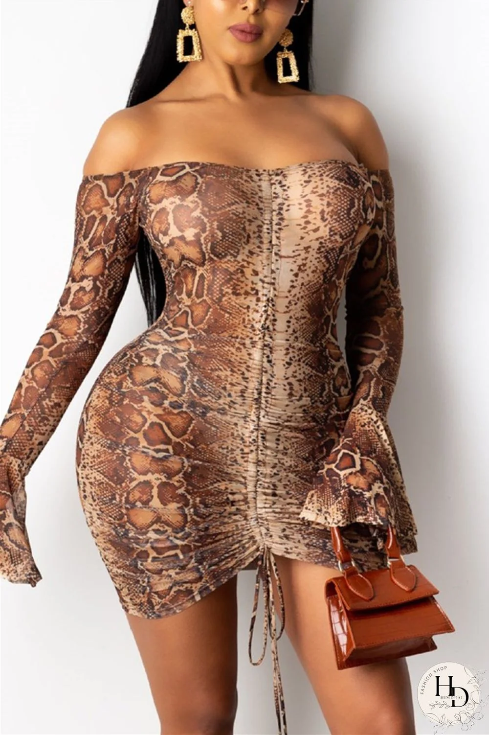 Rose Red Fashion Sexy Print Draw String Backless Bateau Neck Printed Dress