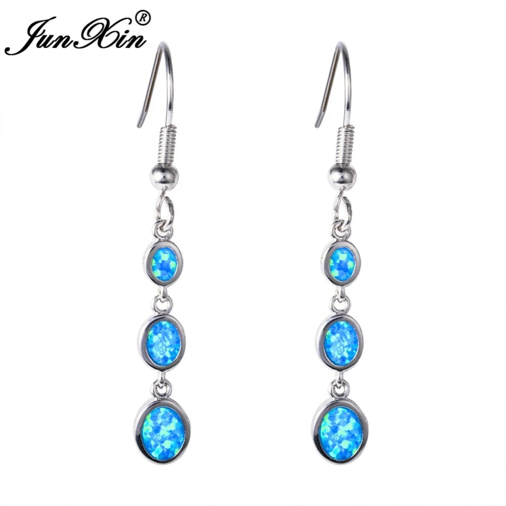 JUNXIN Bohemian Blue & White Fire Opal Earring Long Dangle Earrings Silver Color Double Earrings For Women