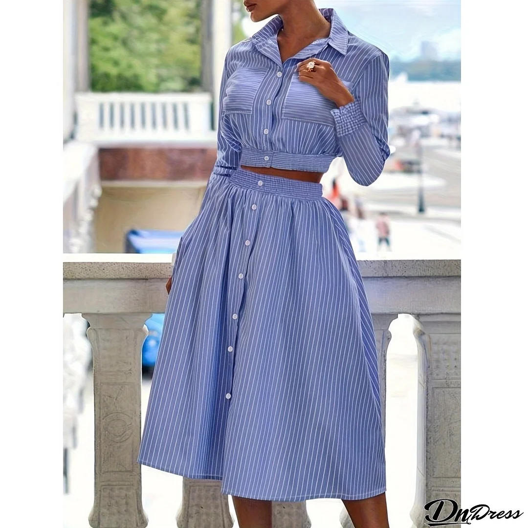 Fashion Casual Striped Long Sleeve Shirt Top Skirt Women Two Piece Set