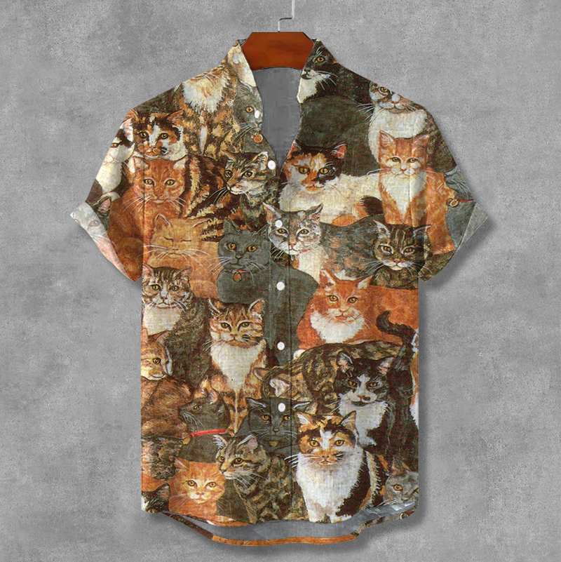 Comstylish Retro Orange Cat Encyclopedia Abstract Art Linen Shirt