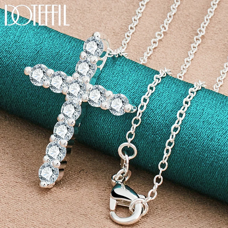 DOTEFFIL 925 Sterling Silver 16-30 Inch Chain AAA Zircon Cross Pendant Necklace For Woman Jewelry