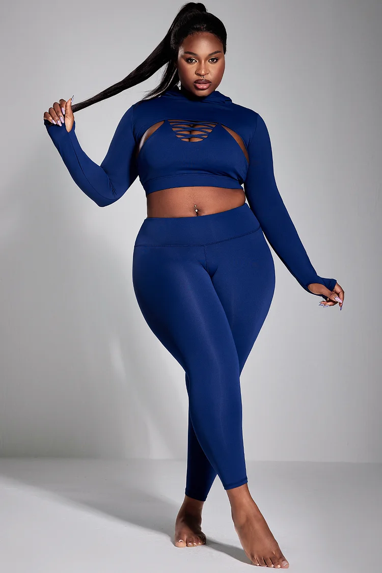 Xpluswear Design Plus Size Sport Pant Set Blue Knitted Back Leggings 3 Piece Yoga Pant Set [Pre-Order]