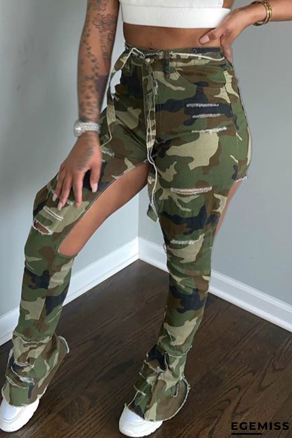 Camouflage Fashion Printed Army Green Slim Trousers | EGEMISS