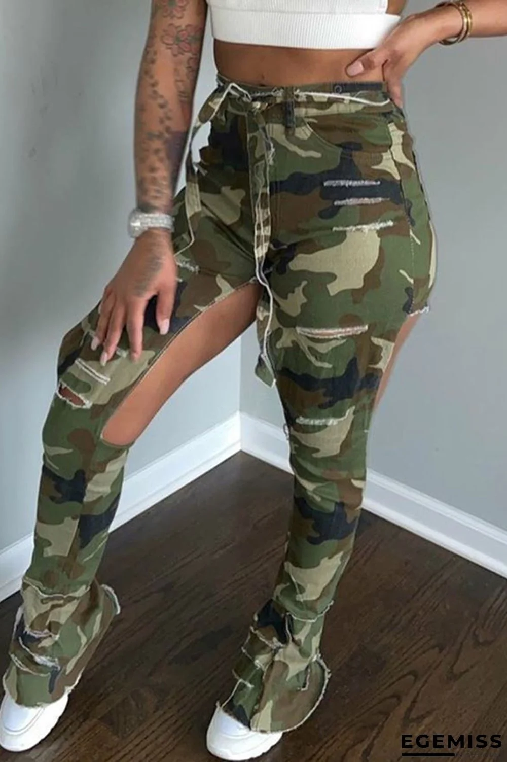 Camouflage Fashion Printed Army Green Slim Trousers | EGEMISS