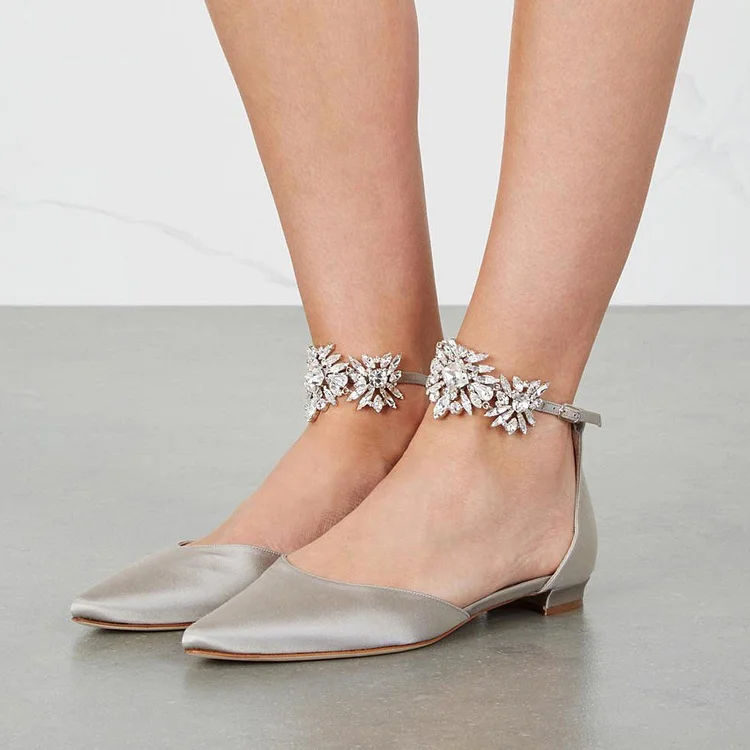 Grey Flat Wedding Shoes Satin Pointy Toe Rhinestone Ankle Strap Flats |FSJ Shoes