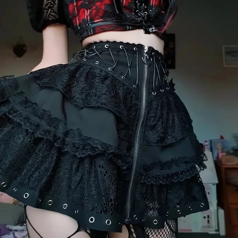 Cartoonh Gothic Lace Skirt Women Emo Alternative Y2k E-girl Lolita High Waist Skirt Harajuku Grunge Clubwear Female