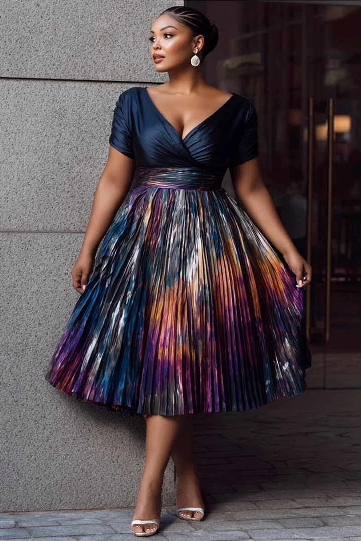 Xpluswear Design Plus Size Cocktail Party Multicolor Gradient Wrap Neck Short Sleeve Pleated Fold Satin Midi Dresses 2024 - Xpluswear