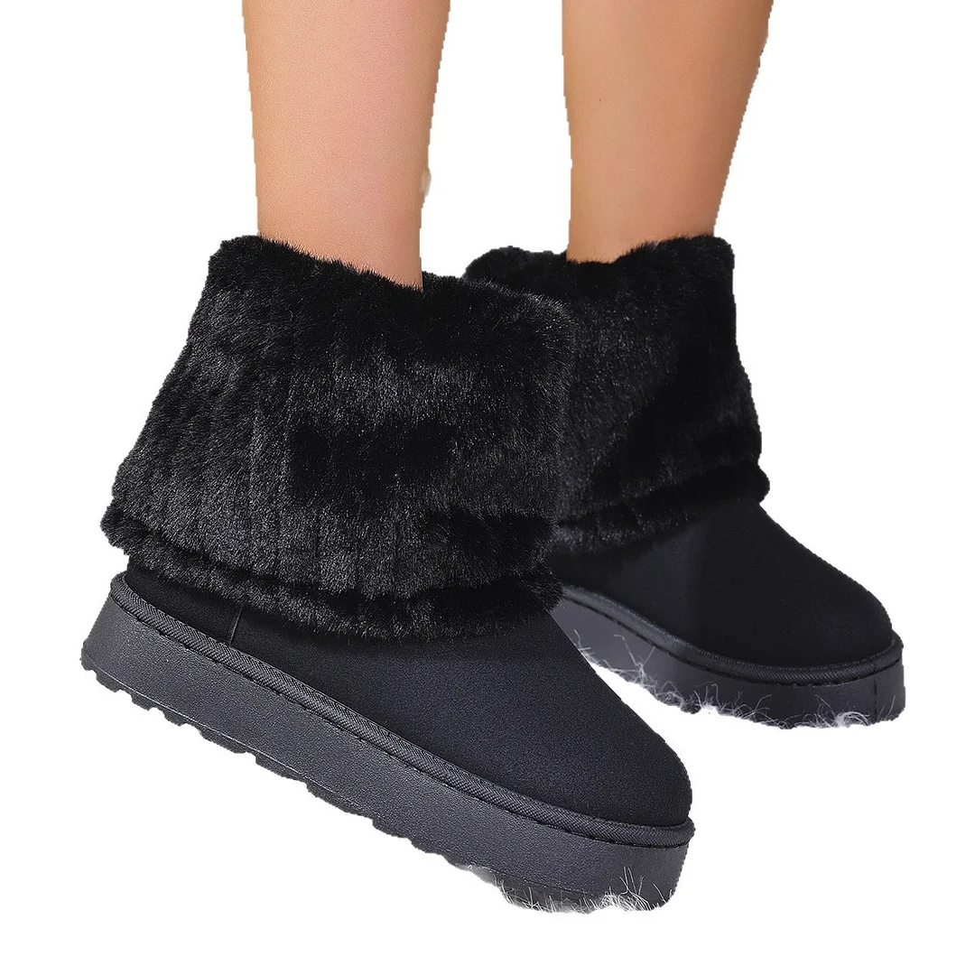 Breakj Breakj Long-Boel Lady Fur Snow Boots Short Fur Filial Flat Bottoms To Keep Warm Snowy Cotton Shoes Warm