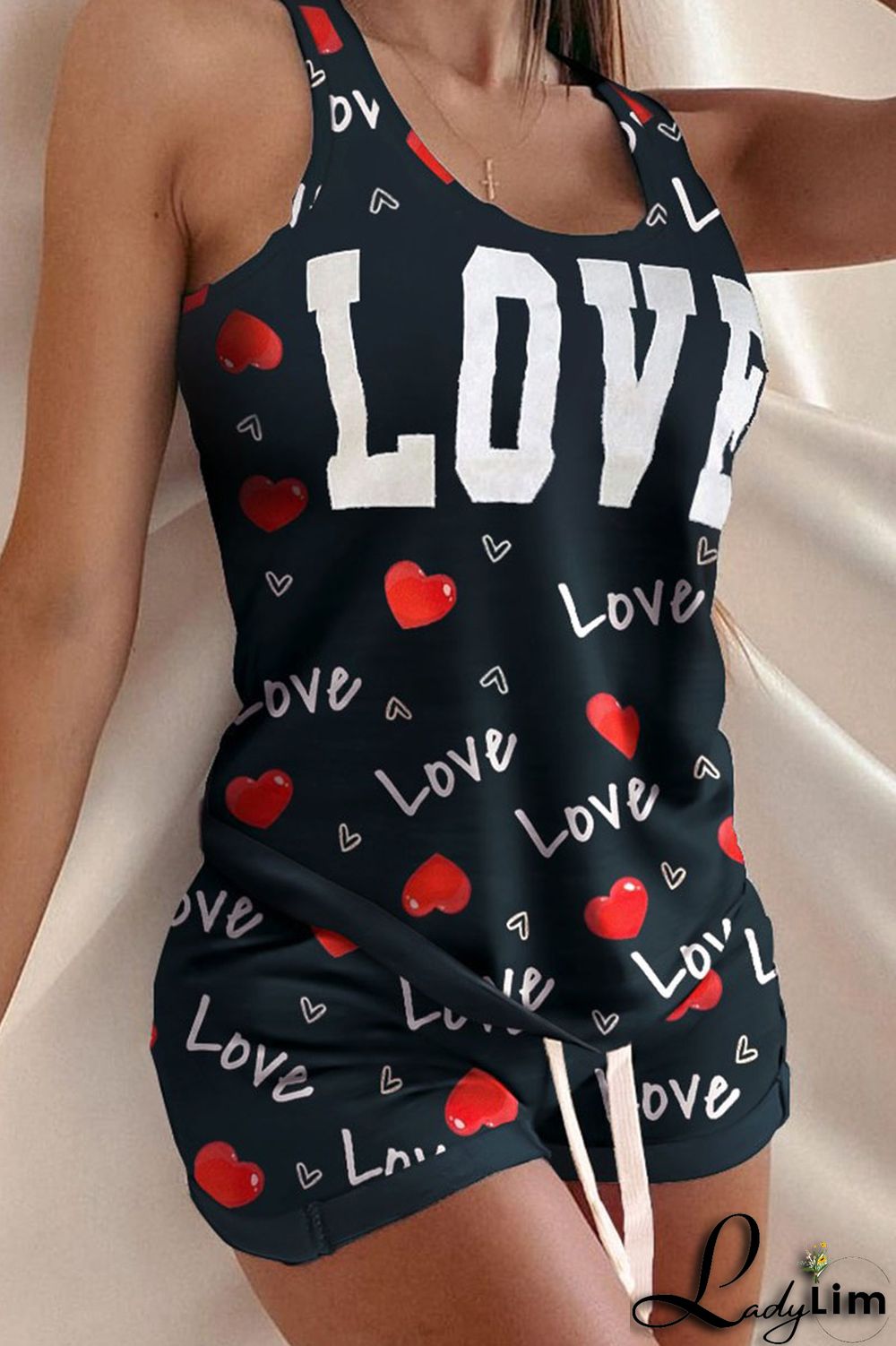 Black Casual Print Split Joint U Neck Sleeveless Two Pieces