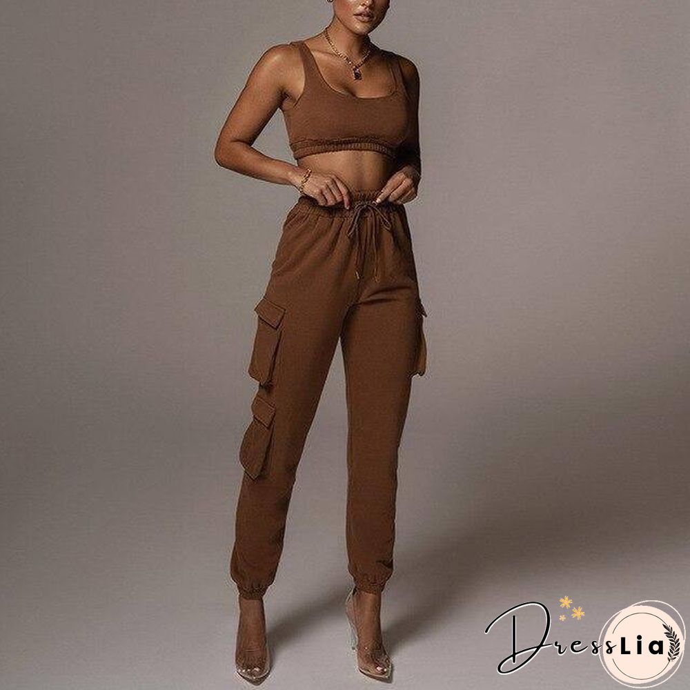 2 Piece Women Sports Casual Set Sweatshirt Crop Tops Pocket Sweatpants Baggy Pants Tracksuit Streetwear Joggers Summer Outfits