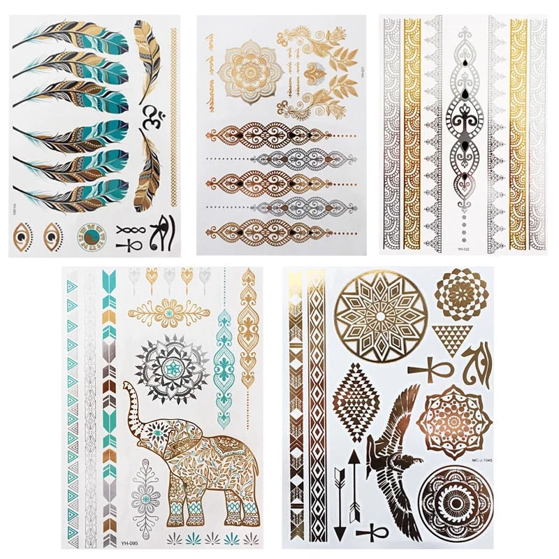 5pcs/lot Waterproof Temporary Tattoo Women Henna Body Arm Art Fake Flash Tatoos Gold Silver Metallic Tatoo Stickers