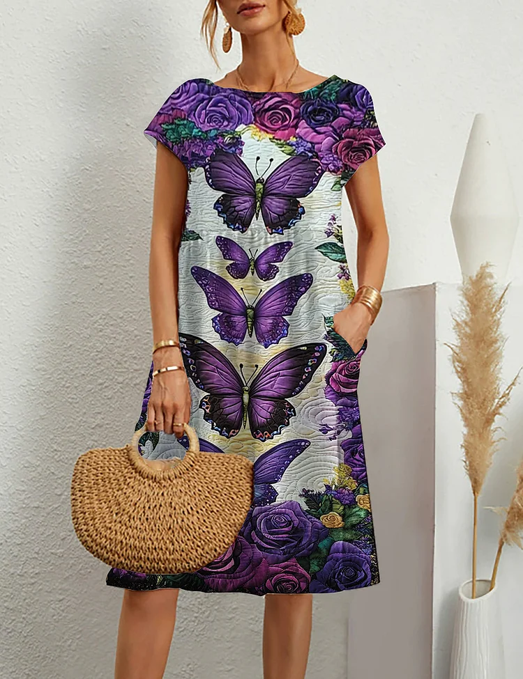 Women's Butterfly Printed Short Sleeve Dress