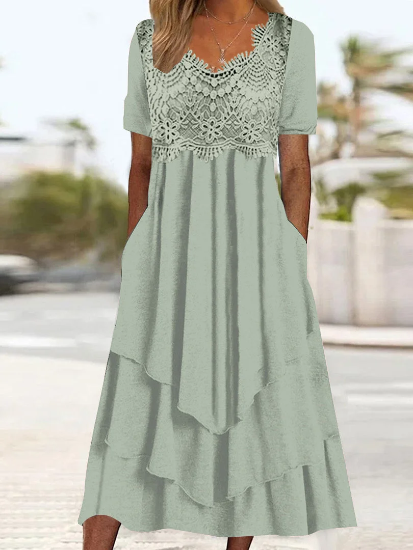 Women's Short Sleeve V-neck Solid Lace Midi Dress