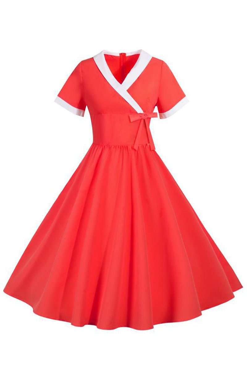 1950s Retro Soild V Neck Bow Tie A Line Midi Dresses